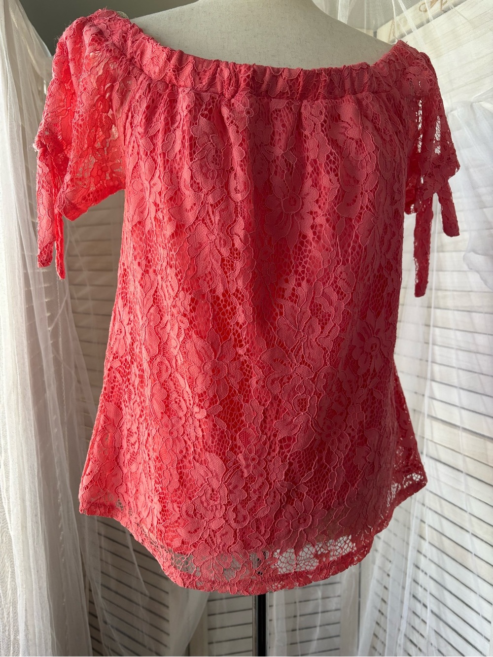 Coral Lace Off-Shoulder Camisole with Tie Sleeves